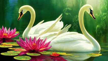 Sticker - Illustration of graceful white swans on the lake with pink water lilies - great for a background