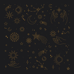 Wall Mural - Mystical and Celestial elements with stars, planets, moons and hands. Palm and zodiac elements. Occult , Esoteric background Vector.