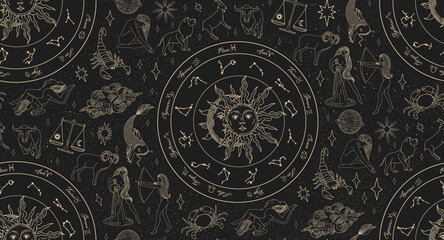Wall Mural - Seamless pattern with zodiac signs. Wheel of astrology. Realistic illustration of zodiac signs. Horoscope vector illustration.