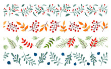 Christmas Fall Floral Seamless Border Flat Set. New Year Print Pattern Frame Sticker Stencil Infinite Holiday Decorative Ribbon Scotch Tape Leaf Berry Branch Evergreen Plant Winter Vintage Ornament