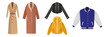 Set of colorful outerwear in cartoon style. Vector illustration of mens and womens jackets, coats on white background.