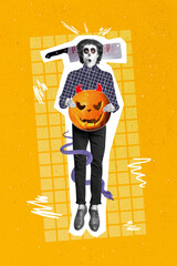 Poster - Photo sketch graphics artwork picture of funny funky white face mask guy chopped scull holding demon jack isolated drawing background