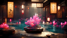 Fantasy Japanese Landscape Spa. Japanese Hot Springs, Ancient Architecture. 