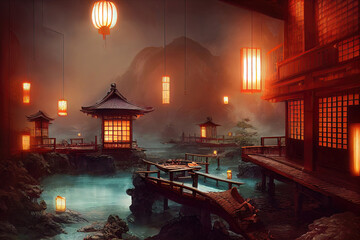 Poster - Fantasy Japanese landscape spa. Japanese hot springs, ancient architecture.