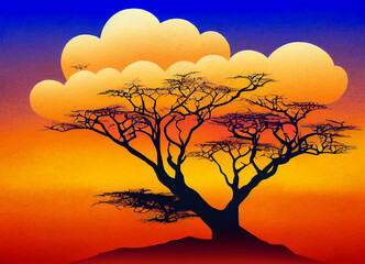 Wall Mural - View of the African savannah with baobab tree, African vegetation, and sunset