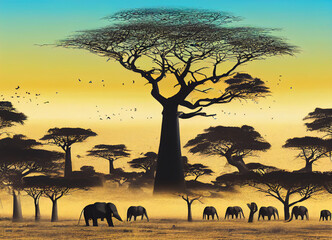 Wall Mural - Wild landscape of Africa with elephants in the savannah, fauna and flora, for safari parks or reserves