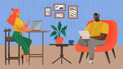 Family works from home. Man sits on sofa with laptop computer. Woman sitting in chair with notebook. Concept of remote work, freelance, distance learning, coworking. Couple communicate at home