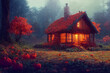 Tiny house in a fantasy forest with small pumpkins. Red and orange, warm autumn colour tones.   Created with generative ai technology