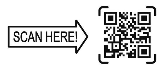 Scan here template with QR code pictogram. Quick responce matrix barcode readable by smartphone camera. Digital lebel with product information. Vector graphic illustration