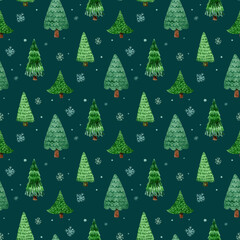Seamless Christmas pattern with watercolor Christmas trees, snowflakes on a green background. For wallpaper, wrapping paper, textiles, postcards, web page backgrounds.