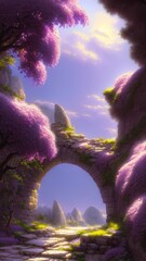 Fairytale garden with stone arch and lilacs. Fantasy landscape, lilac bushes, stone arch, portal, entrance, unreal world. 