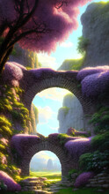 Fairytale Garden With Stone Arch And Lilacs. Fantasy Landscape, Lilac Bushes, Stone Arch, Portal, Entrance, Unreal World. 3D Illustration