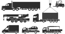 Cargo Transportation And Lifting Machines. Collection Of Vector Icons Of Construction And Material Handling Equipment: Crane, Truck, Loader, Tow Truck, Container Ship. Special Equipment Icons Set.