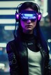 A fictional portrait of a sci-fi cyberpunk girl against a backdrop of neon lights. High-tech futuristic woman from the future. The concept of virtual reality and cyberpunk. 3D render.