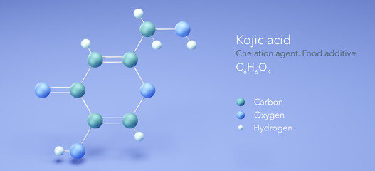 Sticker - kojic acid, molecular structures, Chelation agent, 3d model, Structural Chemical Formula and Atoms with Color Coding