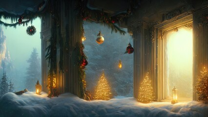 Wall Mural - New Year's winter garden with decorated Christmas trees, lights, garlands. Festive New Year decorations, festive city. Christmas lanterns, decorated street, winter, snow, postcard. 