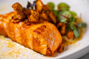 Sticker - grilled salmon with mushrooms on a plate