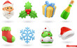 Christmas icons set. Santa Claus, holly, gift box, bottle, sock, snowflake, christmas tree, santa hat. 3d vector objects