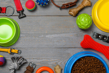 Wall Mural - Frame of different dog collars, accessories and food on grey wooden background, flat lay. Space for text