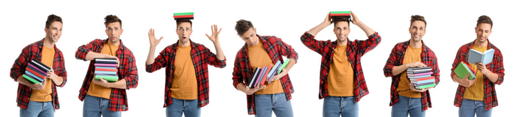 Wall Mural - Collage of emotional young man with books on white background