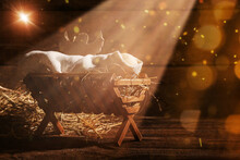 Manger With Baby And Angel In Barn. Concept Of Christmas Story