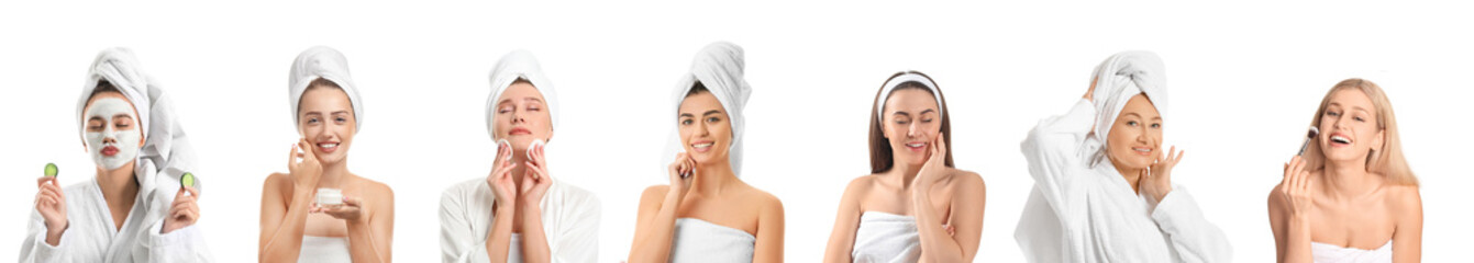 Collage of women after bathroom on white background