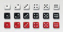 3D Dice Set. Collection Of Inventory For Lotteries And Gambling. Multicolored Cubes With Numbers On Copy Space. Realistic Three Dimension Vector Illustrations Isolated On Transparent Background