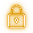 Neon yellow lock icon, glowing closed lock icon on transparent background