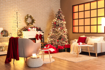 Poster - Interior of living room with armchair, sofa and Christmas tree