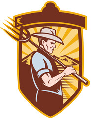 Sticker - illustration of a Farmer with pitch fork and mountains in back