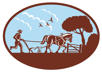 Wall Mural - Farmer and Horse Plowing Retro