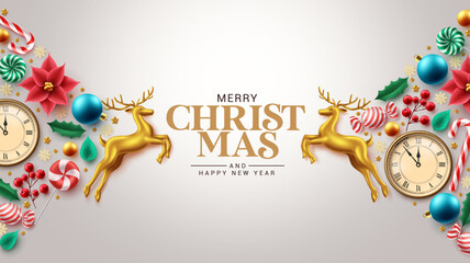 Wall Mural - Merry christmas greeting text vector design. Christmas realistic ornaments and elements decoration in flat lay layout background for holiday season. Vector Illustration. 