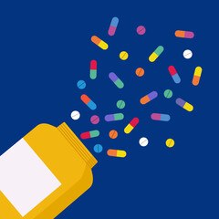 Medicine bottle with pill tablets and capsules in flat design. 