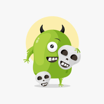 Cute green monster with skull halloween cartoon illustration