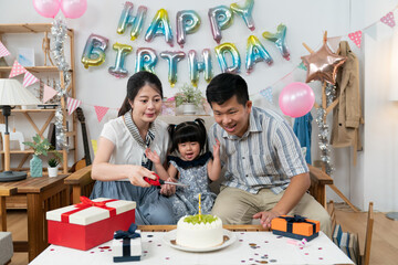 Wall Mural - asian baby girl feeling excited as her mother is lighting candle on birthday cake with an igniter. celebrating birthday with family at home with party decoration