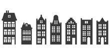 Dutch Houses Silhouettes Set. Vintage Laser Cut Facades Of European Buildings. Old Stiled Architecture Of Holland And Amsterdam. Vector Glyph Illustration.
