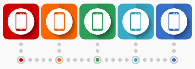 Leinwandbilder - Smartphone vector icons, infographic template, set of flat design phone symbols in 5 color options