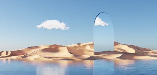 Wall Mural - Abstract Dune cliff sand with metallic Arches and clean blue sky. Surreal minimal Desert natural landscape background. Scene of Desert with glossy metallic arches geometric design. 3D Render.