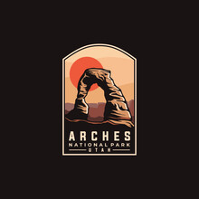 Arches National Park Vector Template. Utah Landmark Illustration In Emblem Patch Style.