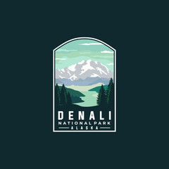 denali national park vector template. alaska landmark graphic illustration in badge emblem patch sty