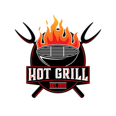 barbecue fire vector template. grill steak graphic illustration in badge emblem patch style.