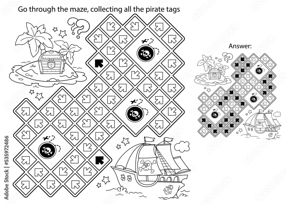 Maze or Labyrinth Game. Puzzle. Coloring Page Outline Of cartoon pirate ...