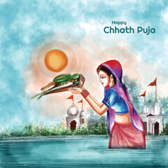 Wall Mural - Indian women for happy chhath puja with background and sun
