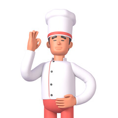 Wall Mural - 3d render of cheerful cook in white uniform showing ok hand gesture