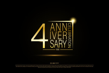 Wall Mural - 4 years anniversary golden gold logo on black background, vector design for celebration.