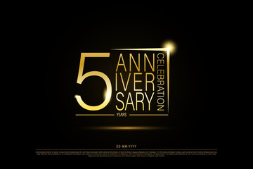 5 years anniversary golden gold logo on black background, vector design for celebration.