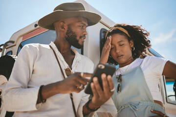 Road trip, confused and lost couple search location on internet with 5g smartphone for journey, travel and holiday safari vacation. Black people friends check cellphone for guide website information