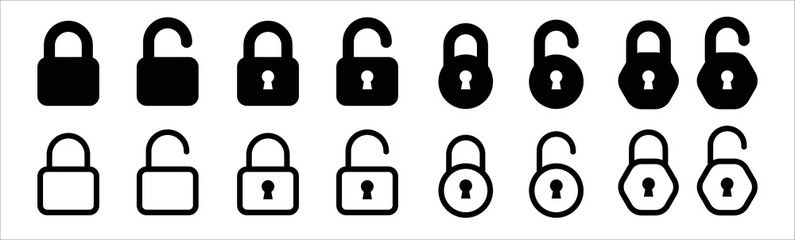 Lock icon set. Locked and unlocked vector icon set. Lock symbol on white background. Padlock symbol. Privacy symbol vector stock illustration.