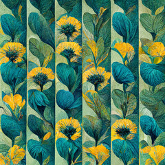 Wall Mural - Teal and yellow abstract flower pattern for prints, wall art, cover and invitation. Watercolor art background.