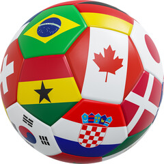 Aufkleber - Soccer ball with international flags pattern and leather texture . Isolated . 3D rendering .
